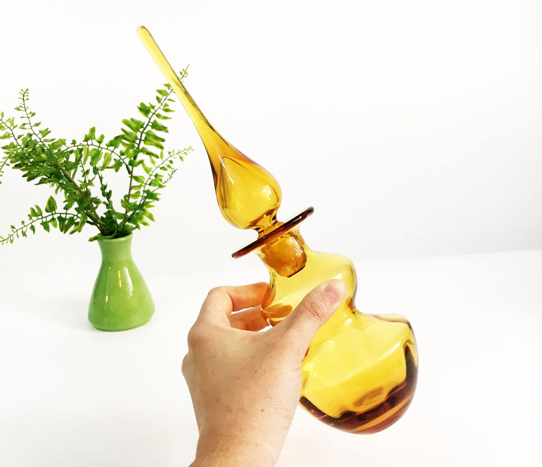 Amber Colored Vintage Glass Decanter Bottle with Round / Bulbous Stopper Blenko Style Art