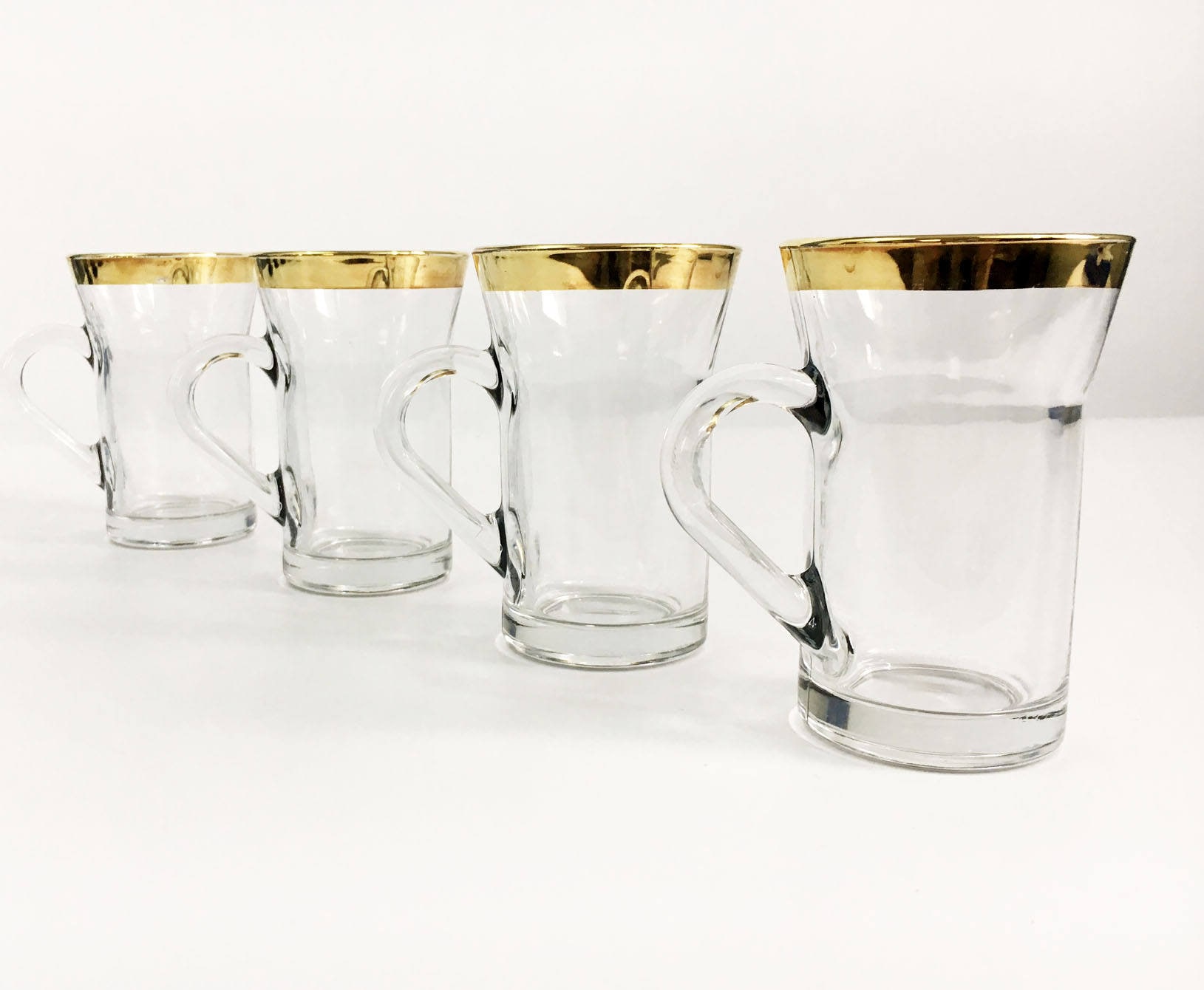 Set of 4 Clear Glass Gold Rim Coffee Mugs / Glasses Made in Italy Gold Rimmed Irish Coffee