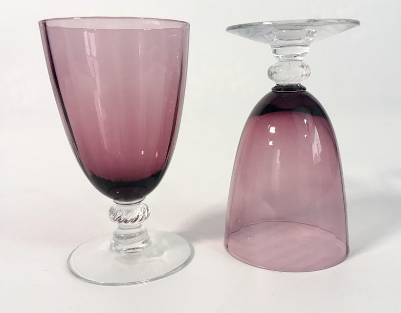 4 Vintage Purple Cordial Glasses Aurora Amethyst by Frye w/ Clear Stems