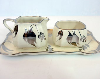 Sandland Ware Silver Leaf Pattern Luster Sugar & Creamer on Tray Set Lusterware - Lancaster Sandland Ltd Hanley England - 3 Pc Set Serving