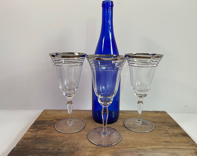Vintage Set 3 Water Goblets w/ Silver Bands circa 1930s - Three Elegant Glasses
