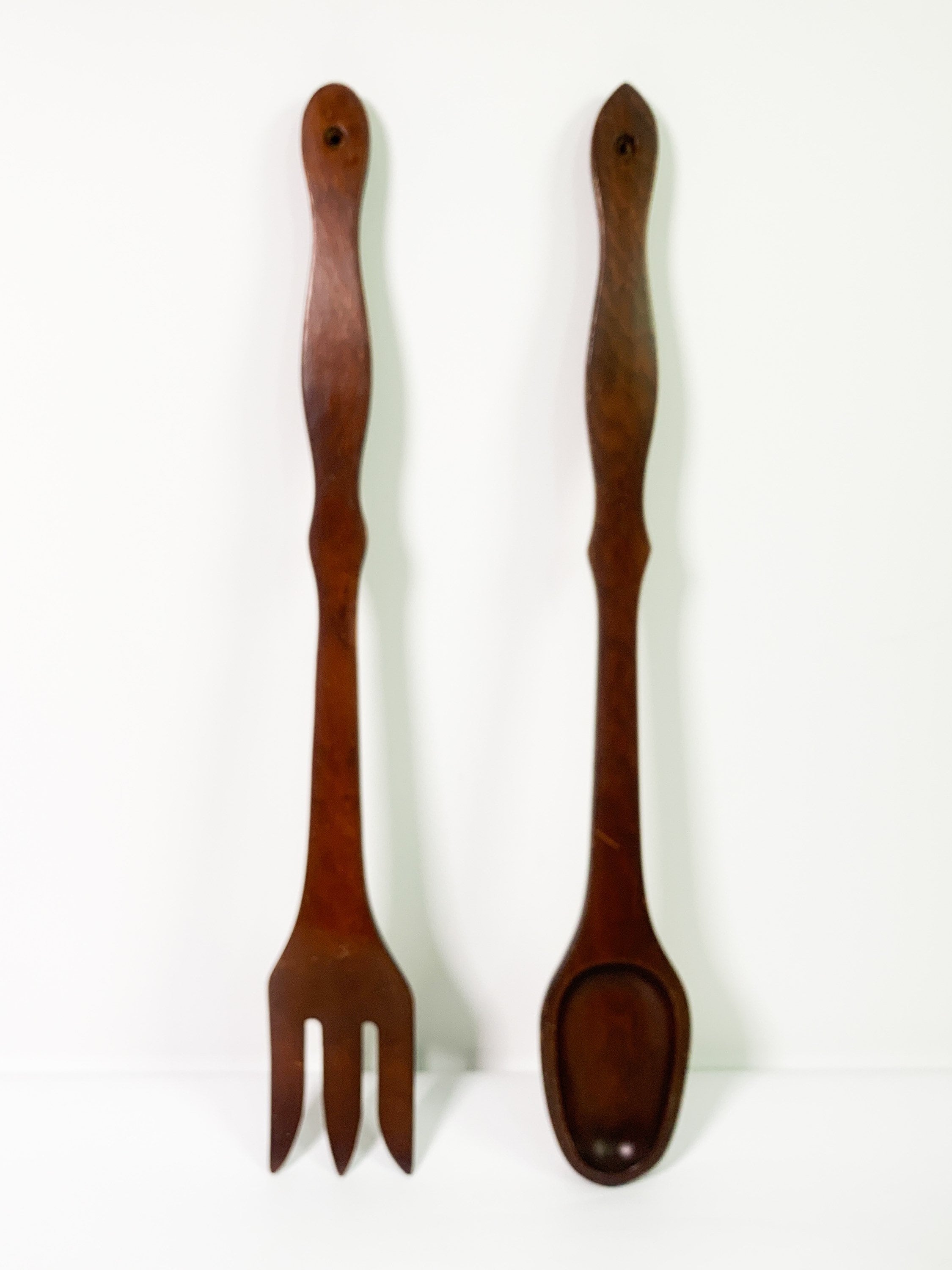 Retro LARGE Oversized Wooden Spoon & Fork Set Funky Vintage Mid