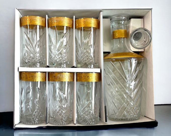 Vintage Studio Crystal Renaissance Set w/ Gold Band Decanter & Stopper w/ 6 Highball Cocktail Glasses in Original Box - Retro Barware