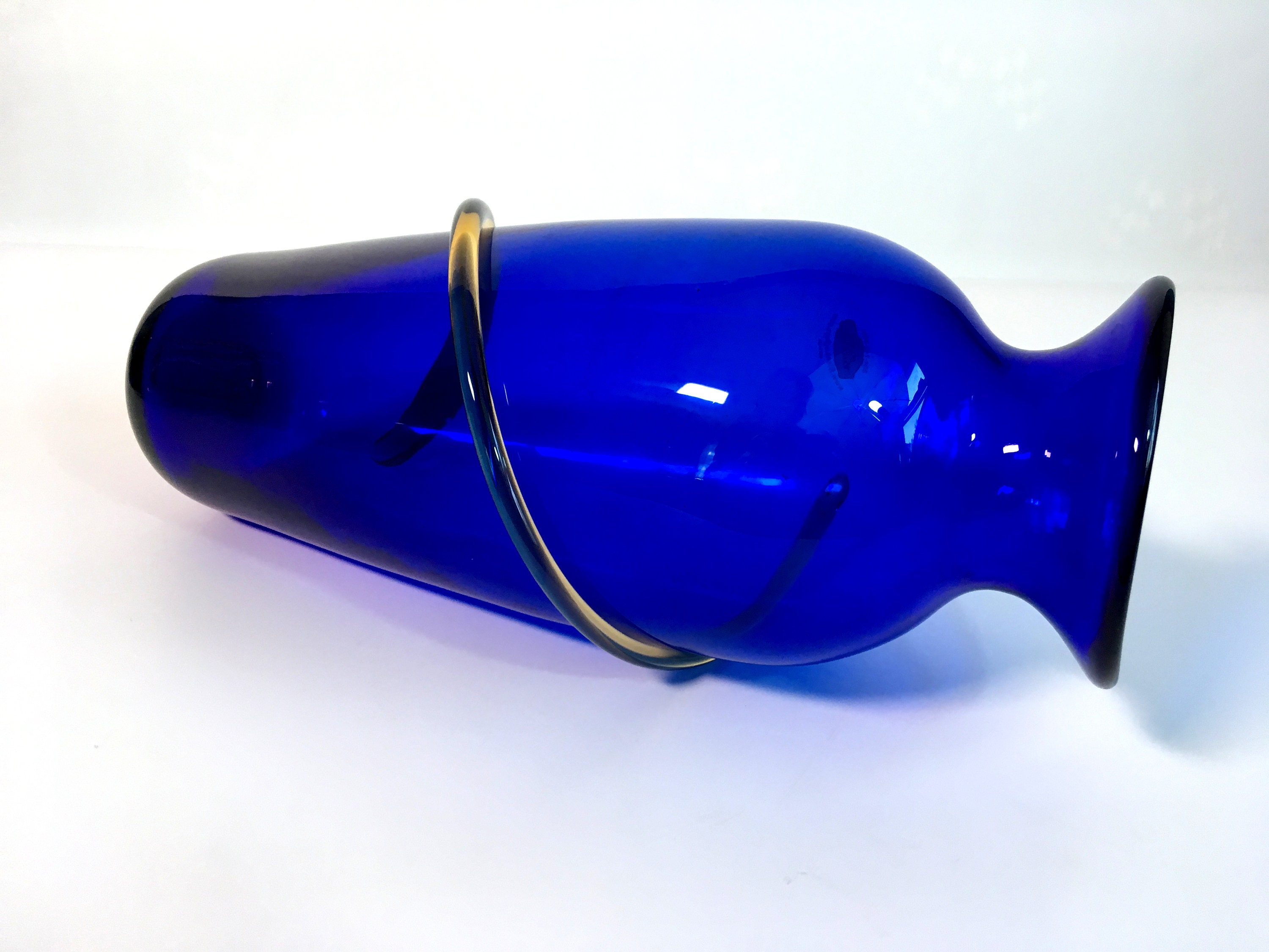 Vintage Blenko Art Glass Cobalt Blue Vase W Amber Cord Richard Blenko Signed Spiral Hand