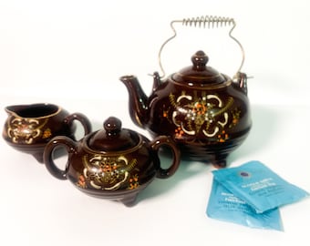 Vintage Redware Tea Service - Hand painted Pottery Shabby Chic Teapot Sugar & Creamer Florals Dark Brown/Metal Handle - Kitchen Serving