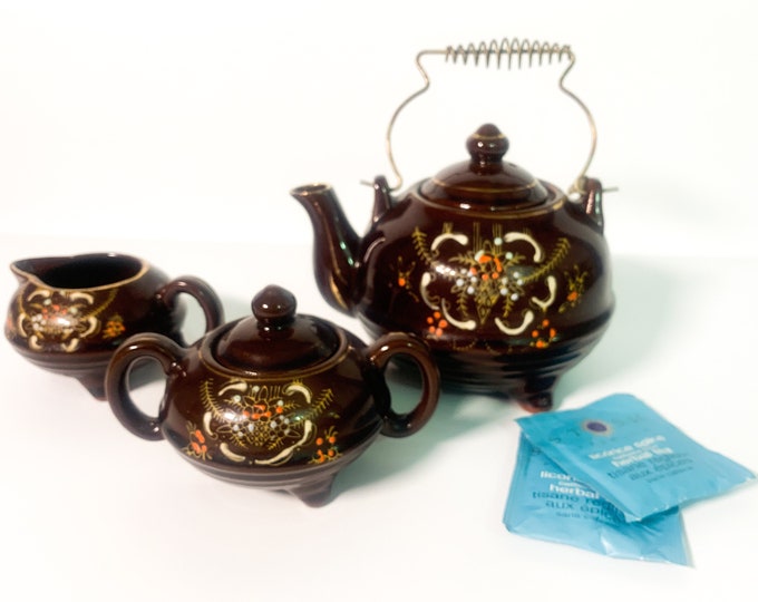 Vintage Redware Tea Service - Hand painted Pottery Shabby Chic Teapot Sugar & Creamer Florals Dark Brown/Metal Handle - Kitchen Serving