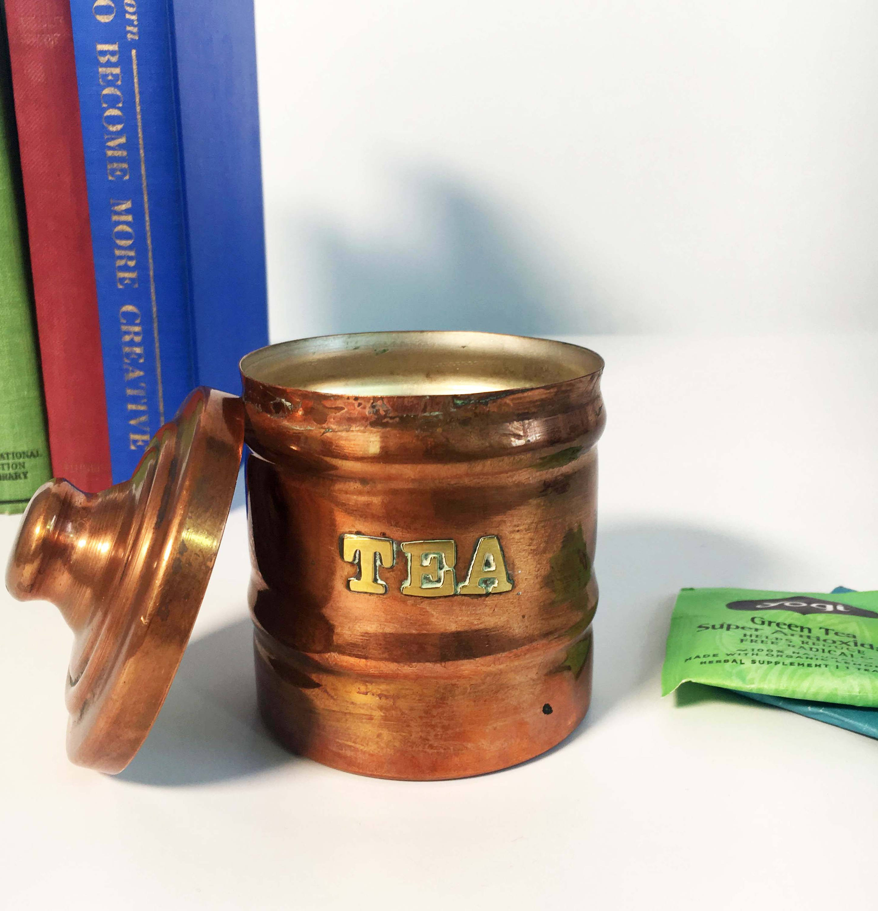 Vintage Copper and Brass Tea Canister Lettered Copper Container with