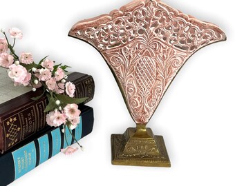 Vintage Brass Vase: Art Deco Pink Enamel Openwork, Pineapple Design