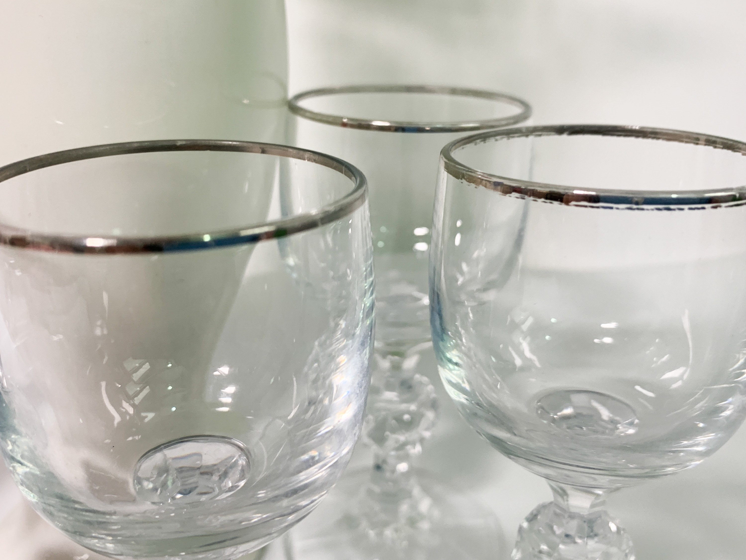 6 Vintage Silver Rim Cordial Cocktail Glasses W Faceted Wafer On Stem Six Retro Cordials