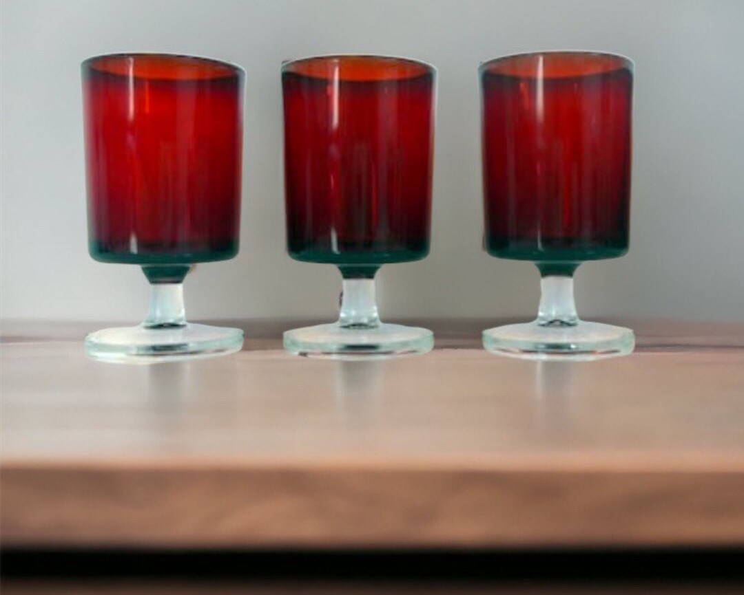 3 Vintage Ruby Red French Luminarc Cordial or Small Wine Glasses Set of