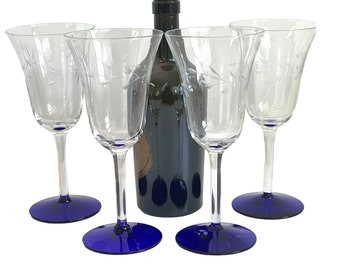 Vintage Set 4 Tall Wine Glasses Etched Cut Stars w/ Vine - Clear Bowl & Stem w/ Cobalt Blue Base - Retro Stemware Dining Glass