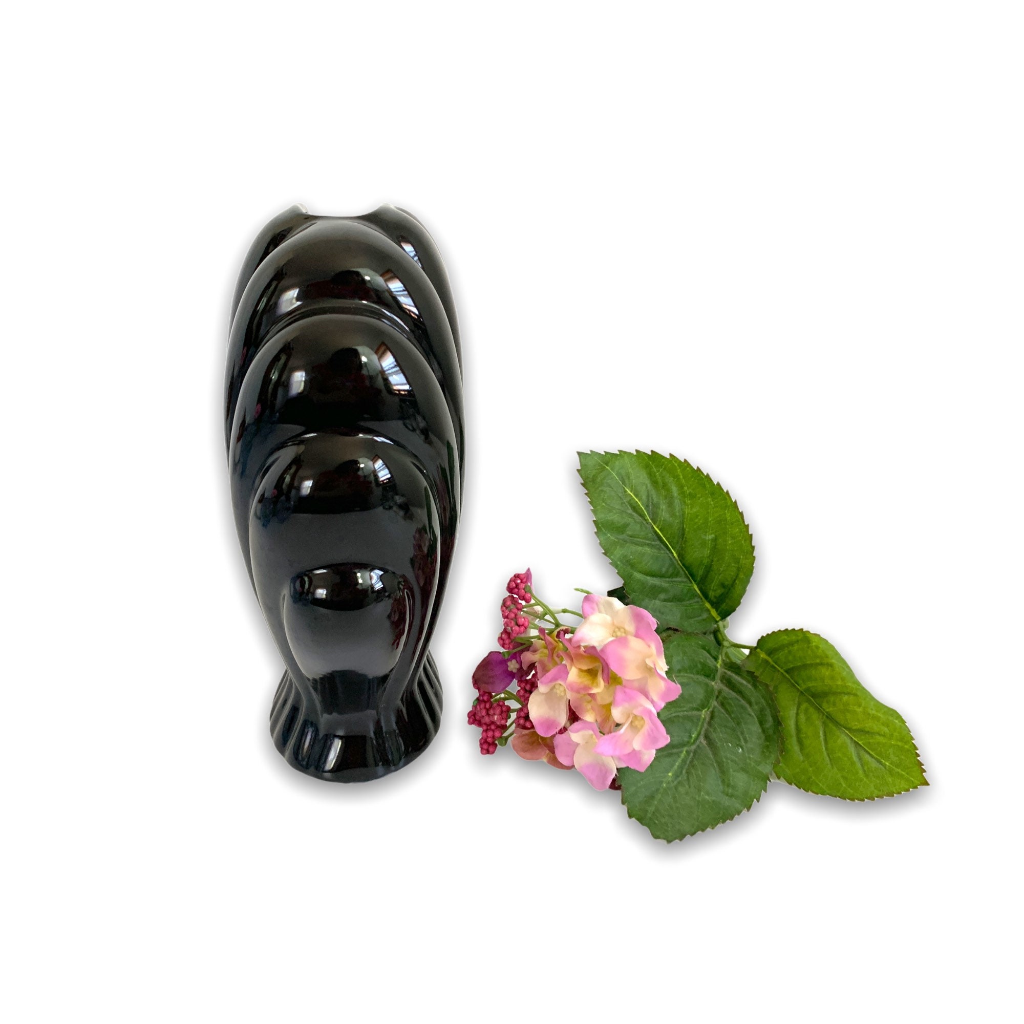 Vintage Black Ceramic Vase Mid century Retro Clam Shell Shape Pottery