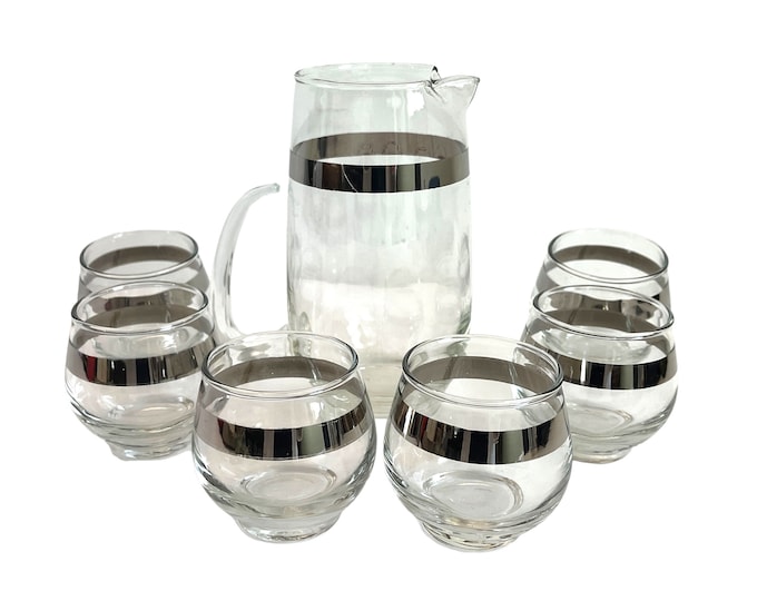 Vintage 7 pc Libbey Rock Sharpe Platinum Rim Roly Poly Pitcher & 6 Glasses - Mid Century Whiskey Glasses Barware - Cocktail Set Silver Band