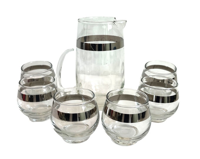 Vintage 7 pc Libbey Rock Sharpe Platinum Rim Roly Poly Pitcher & 6 Glasses - Mid Century Whiskey Glasses Barware - Cocktail Set Silver Band