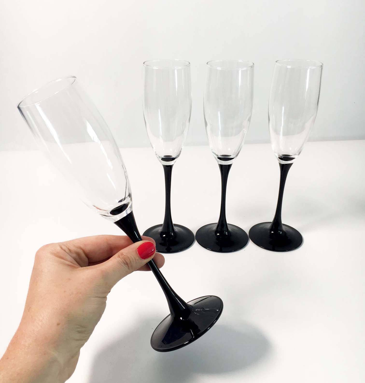 Vintage Set of 4 Luminarc France Black Stemmed Champagne Glasses or