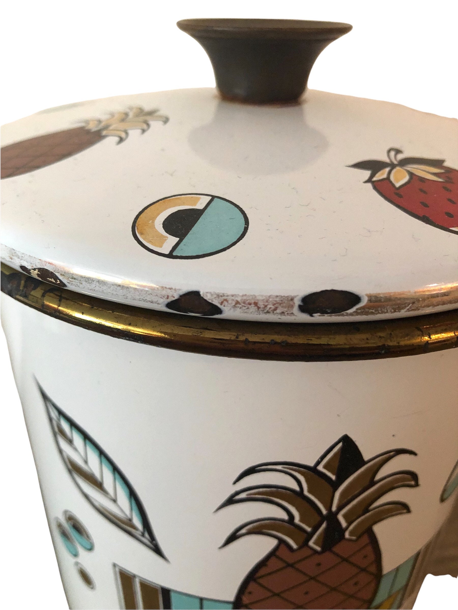 Vintage Briard Signed Ambrosia Enamelware Canister Container with lid with Pineapple