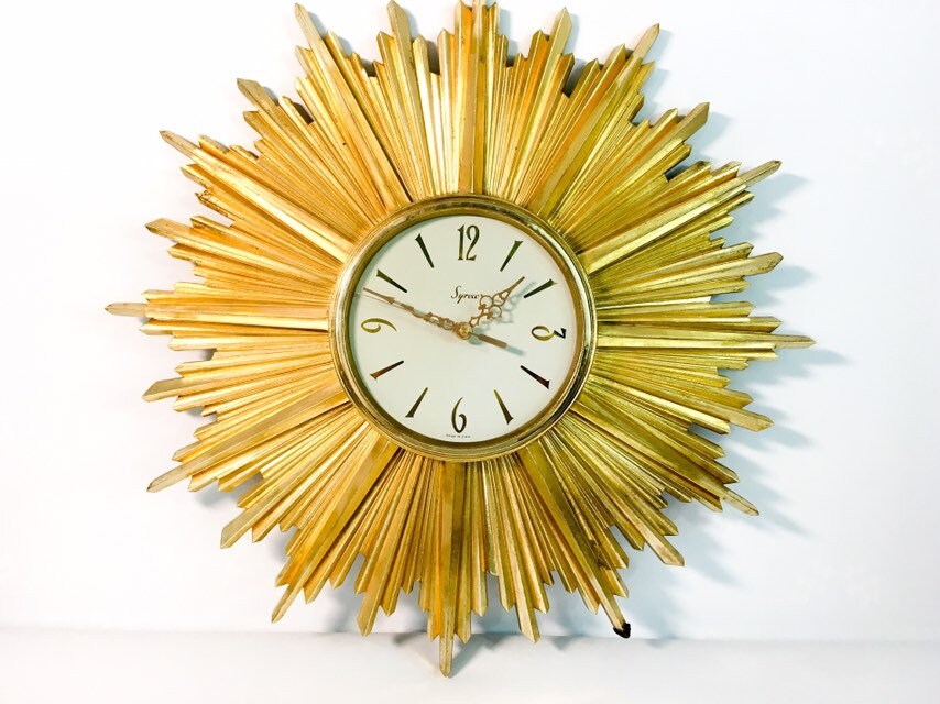Mid Century Syroco Wall Clock Large Gold Burst Atomic Design Gallery Photo