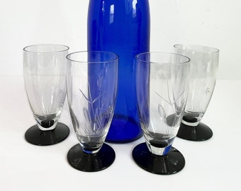 4 Vintage Clear Etched w/ Black Base Juice  Glasses - Set of Four Mid century Retro Glasses