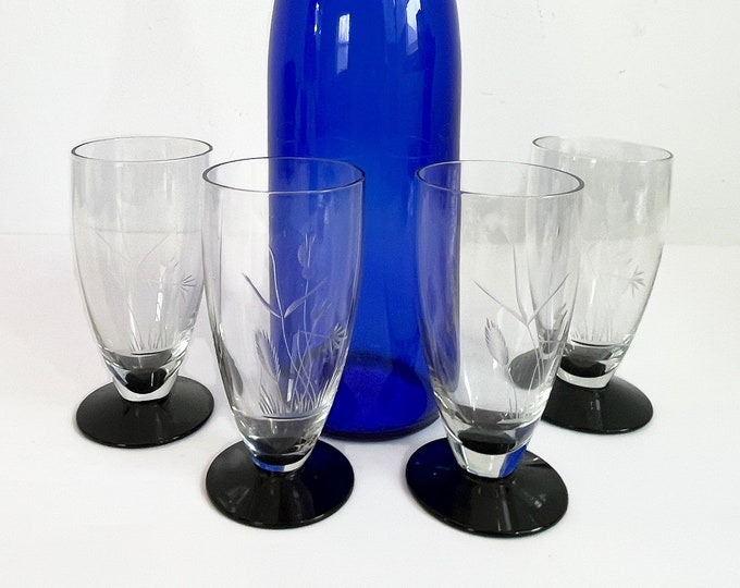 4 Vintage Clear Etched w/ Black Base Juice  Glasses - Set of Four Mid century Retro Glasses