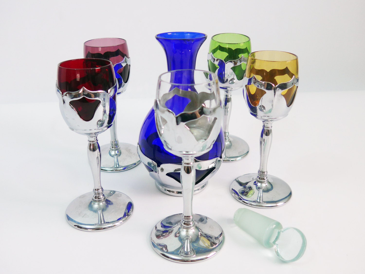 Vintage Art Deco Chrome & Multi Color Wine Cocktail Glasses Set of 2  Morgantown Glass United Chromium Farberware Wine Glass Cordials 