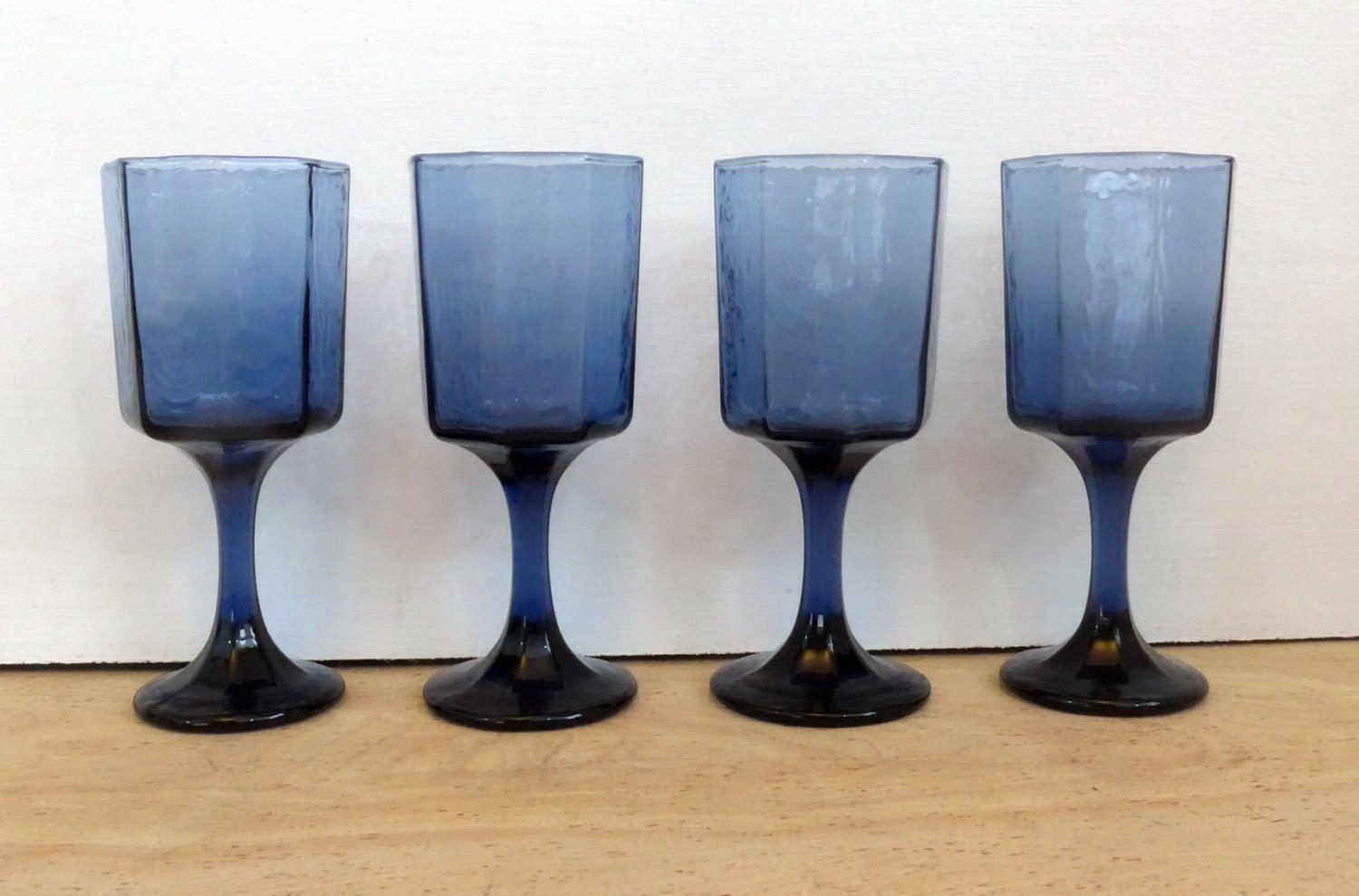 Vintage Set of 4 Libbey Blue Facets Wine Glasses Textured Cobalt Blue