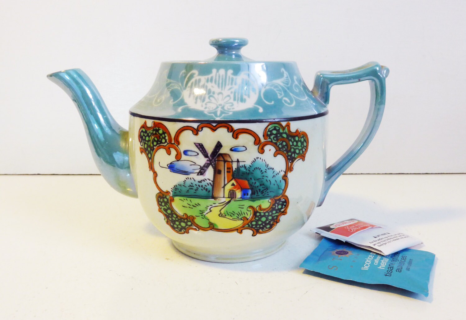 Vintage Lusterware Teapot Japan Turquoise w/ Windmill Hand painted