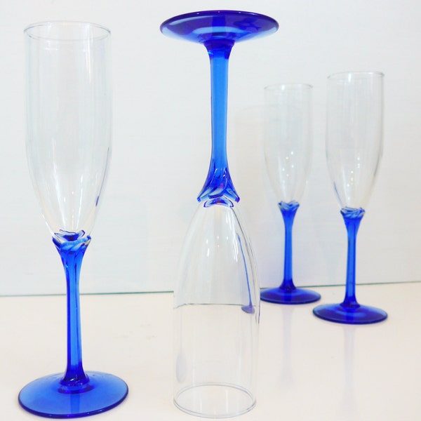 4 Vintage Champagne Flutes - Clear Domaine Pattern with Blue Stem Petal Connection - 4 BLUE Libbey Rock Sharpe Crystal Champagne Flutes