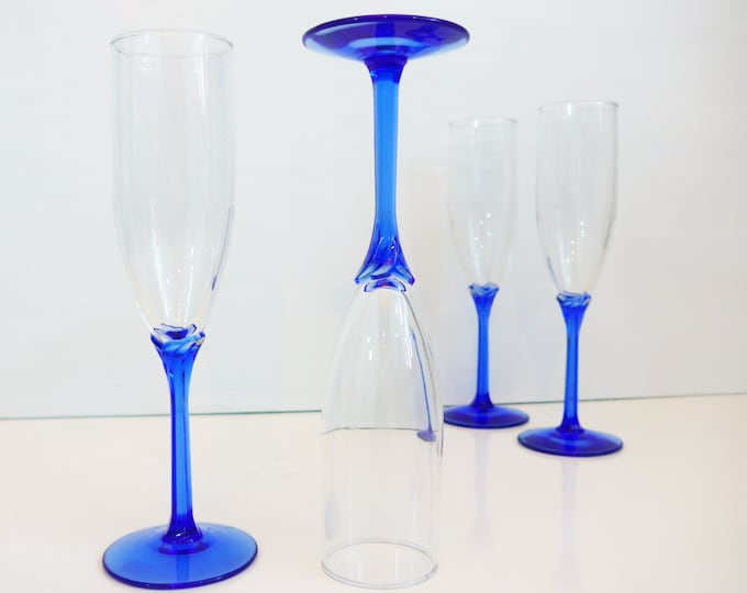 4 Vintage Champagne Flutes - Clear Domaine Pattern with Blue Stem Petal Connection - 4 BLUE Libbey Rock Sharpe Crystal Champagne Flutes