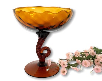 Vintage Dark Amber Brown Glass Pedestal Dish w/ Swirled Stem - Mid century Retro 6" Tall Bowl Retro Home Kitchen Decor Display MCM Art Glass