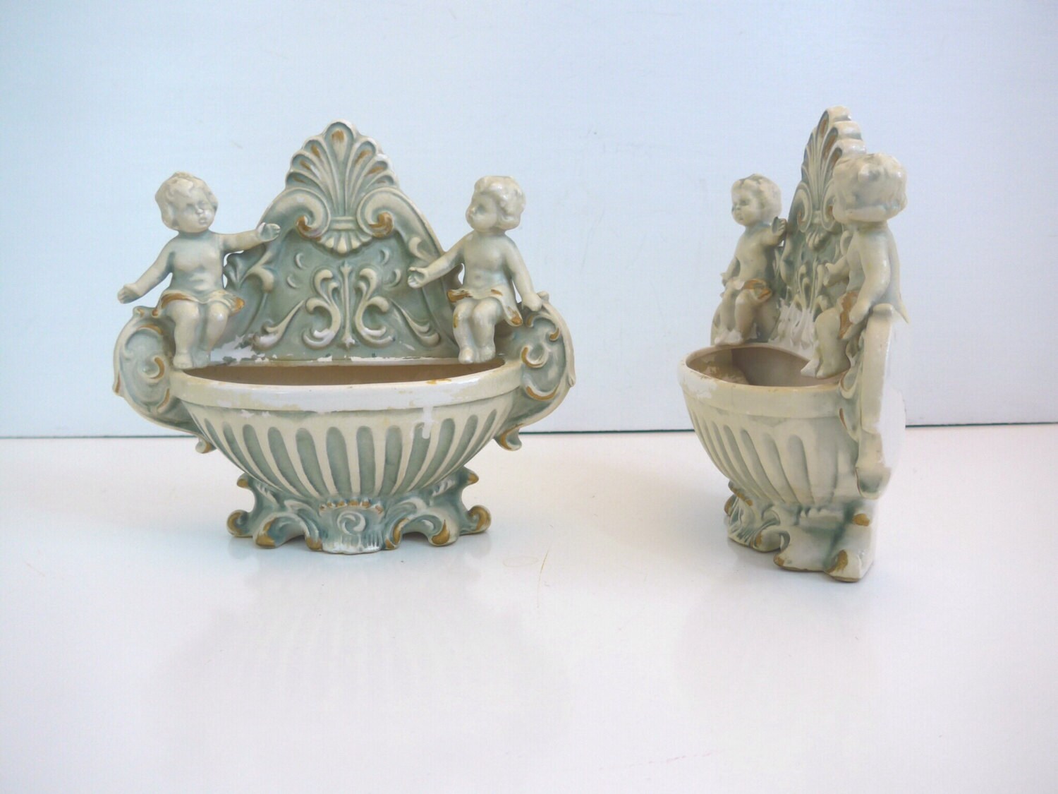 Vintage Pair of Angel Pocket Vases 2 Ceramic Wall Pocket Vases