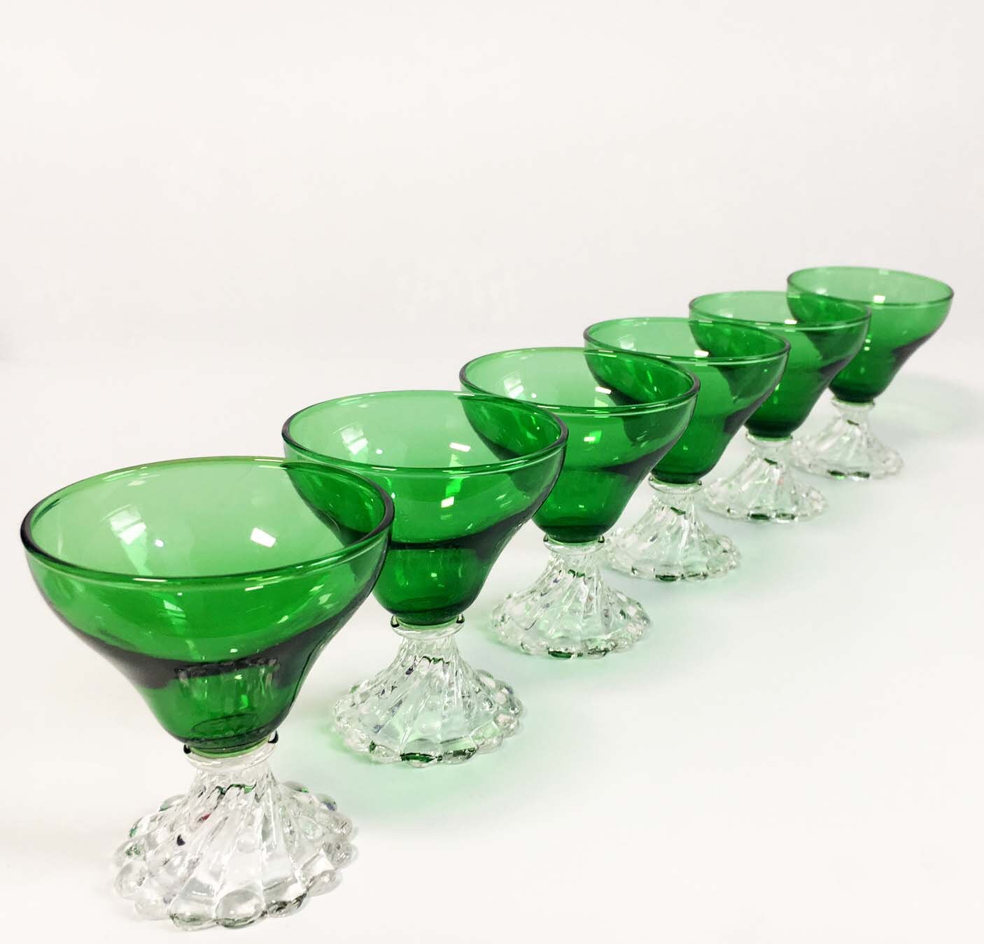 Set of 6 Vintage Burple Green Liquor Cocktail Glasses Anchor Hocking Dark Green Crystal