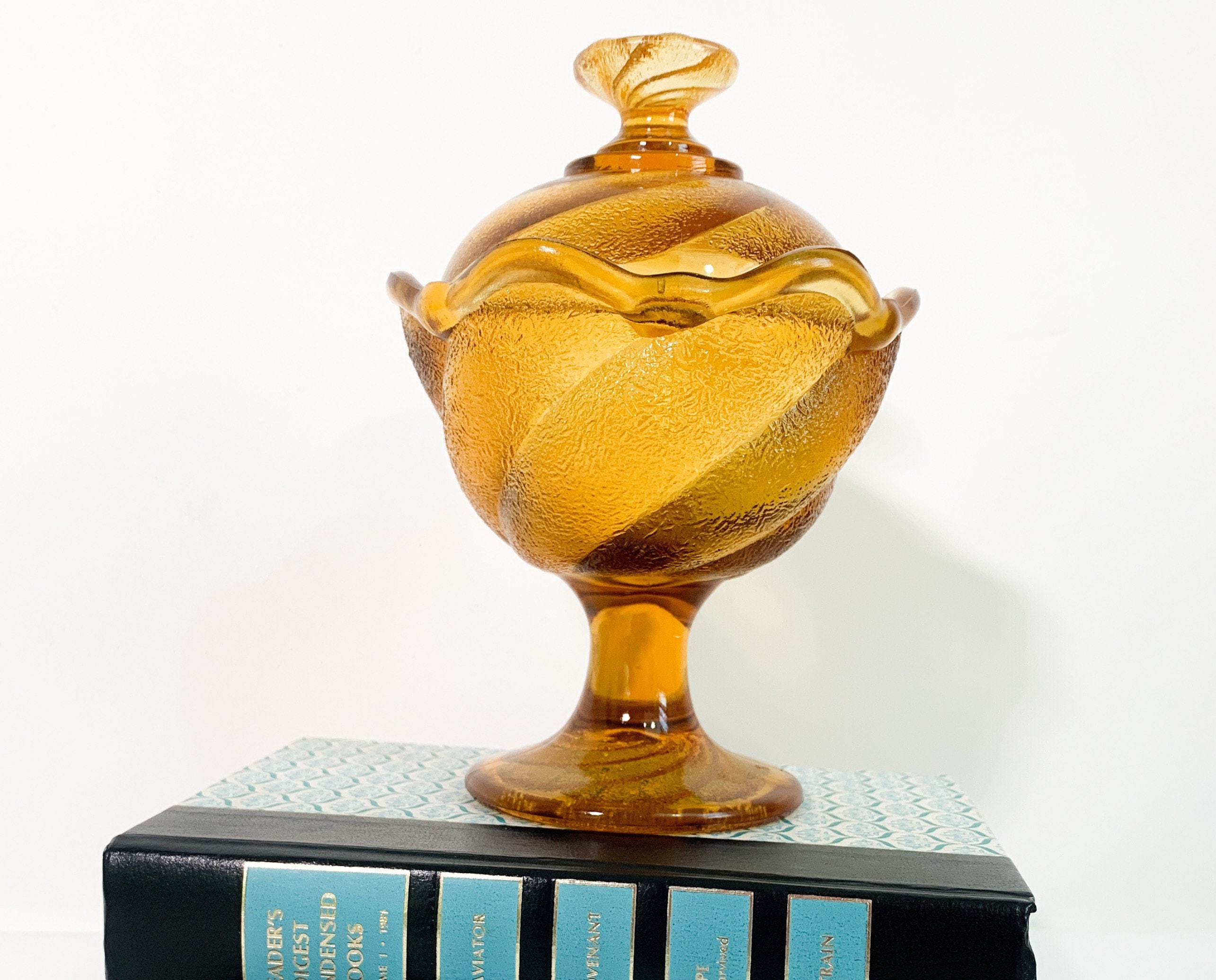 Vintage Amber Candy Dish w/ Lid, Lidded Light Brown Glass Retro Round