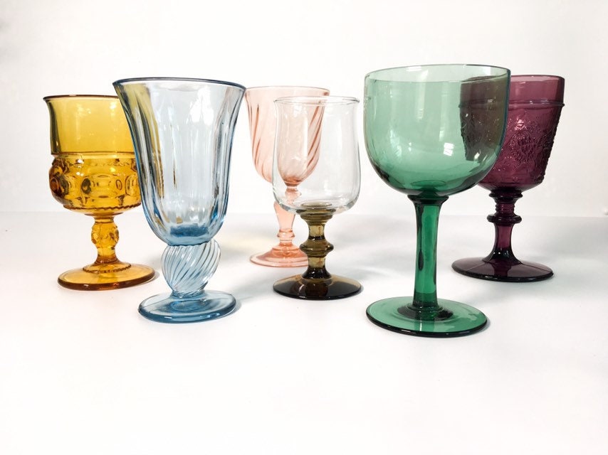 2nd Time Around Vintage Set 6 Multi Colored Goblets Water Glasses Unique Retro Collection