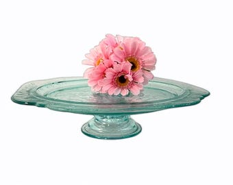 Vintage Light Aqua Blue Depression Glass Cake Plate - 1930 1940 Era - Round Scalloped Pedestal Dish Serving Display
