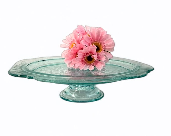 Vintage Light Aqua Blue Depression Glass Cake Plate - 1930 1940 Era - Round Scalloped Pedestal Dish Serving Display