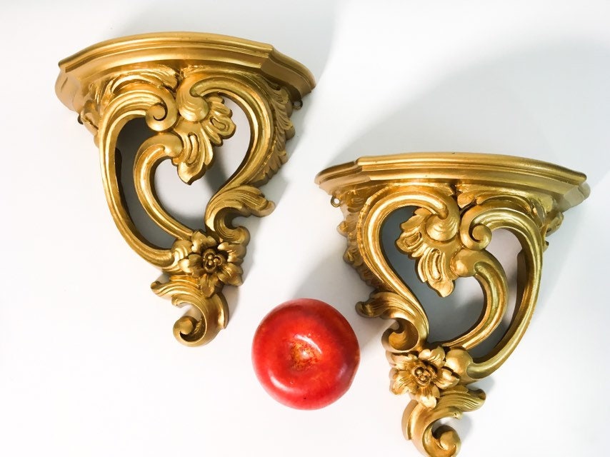 Pair Vintage Gold Ornate Syroco Shelves 2 Wall Shelves Retro French