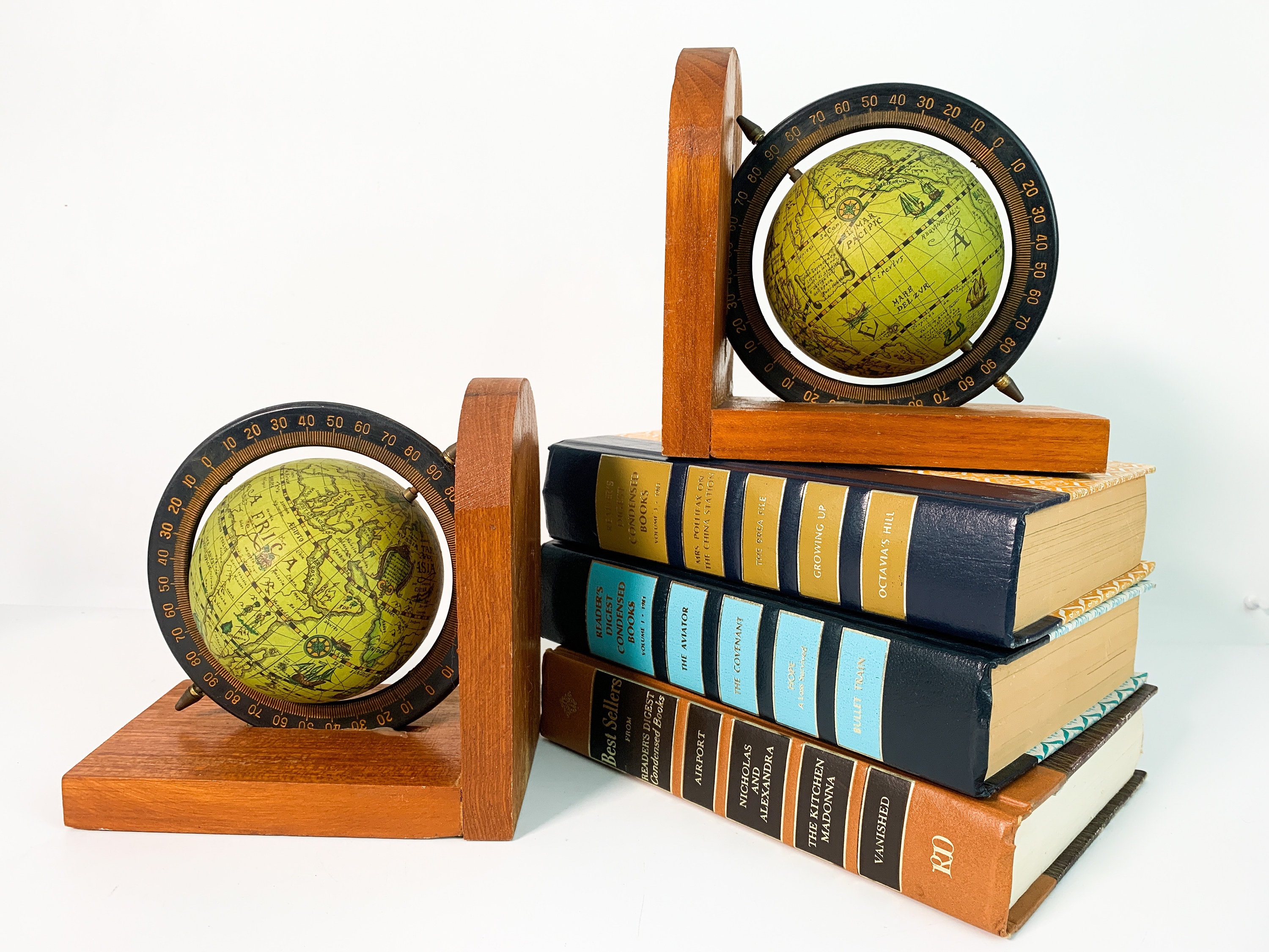 Vintage Wood Globe Bookends / Retro Library Home Decor Pair Matching