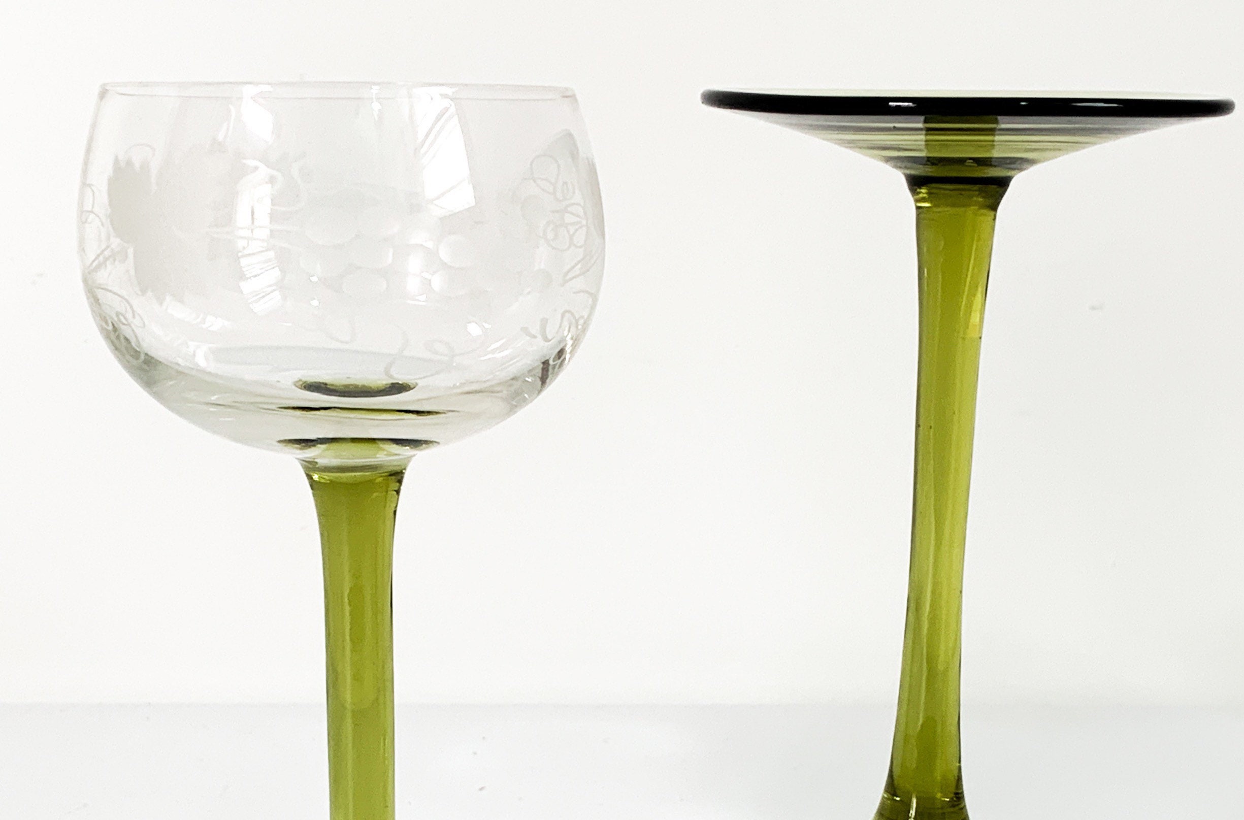 Pair Vintage Etched Wine Glasses - Set of 2 Green Stem Clear Bowl with ...