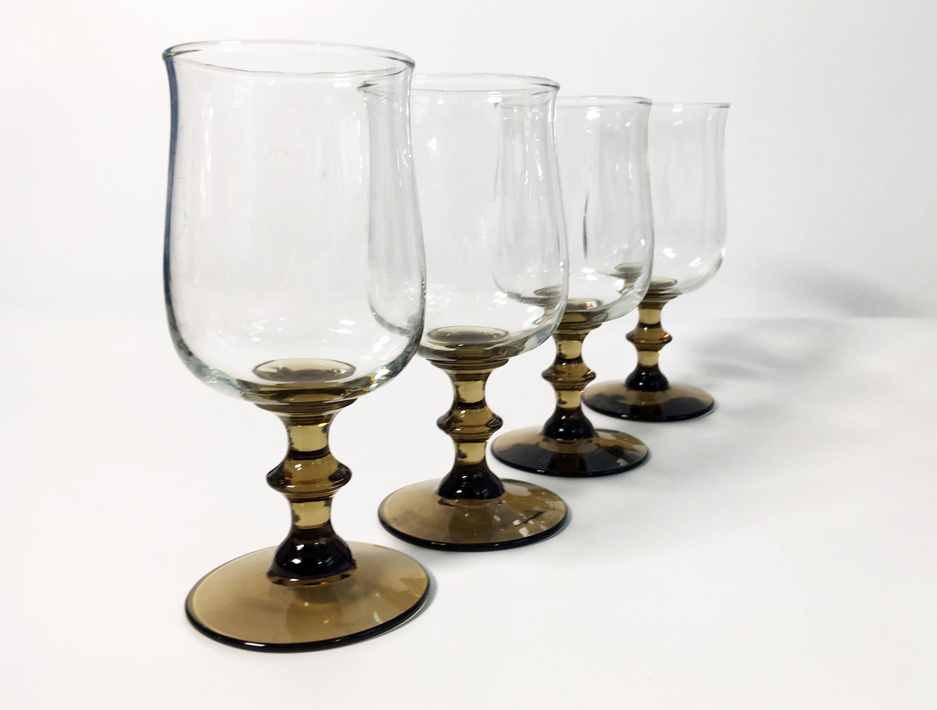 Set of 4 Libbey Rock Sharpe Tulip Brown Stem Water Glasses Goblets
