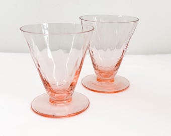 Vintage Pair Set of 2 Pink Depression Era Glass Juice Glasses - Two Low Pedestal Shape w/ Optic Diamond Pattern - Retro Glassware Stemware