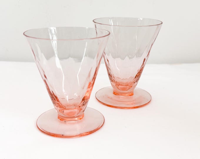 Vintage Pair Set of 2 Pink Depression Era Glass Juice Glasses - Two Low Pedestal Shape w/ Optic Diamond Pattern - Retro Glassware Stemware