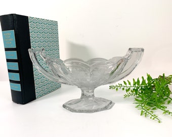 Vintage Small Art Deco Etched Glass Trophy Cup - Depression Glass Bowl w/ 2 Handles Antique Retro Home Decor