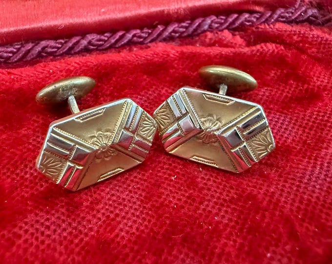 Vintage Pair Cufflinks - Two Embossed Mixed Metal Retro Men's Cuff Links - Gift for Man Wedding Formal Dressing