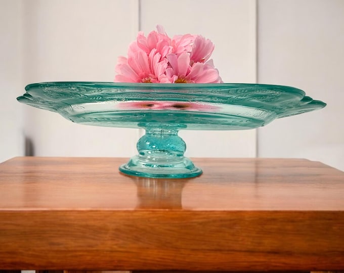 Vintage Light Aqua Blue Depression Glass Cake Plate - 1930 1940 Era - Round Scalloped Pedestal Dish Serving Display