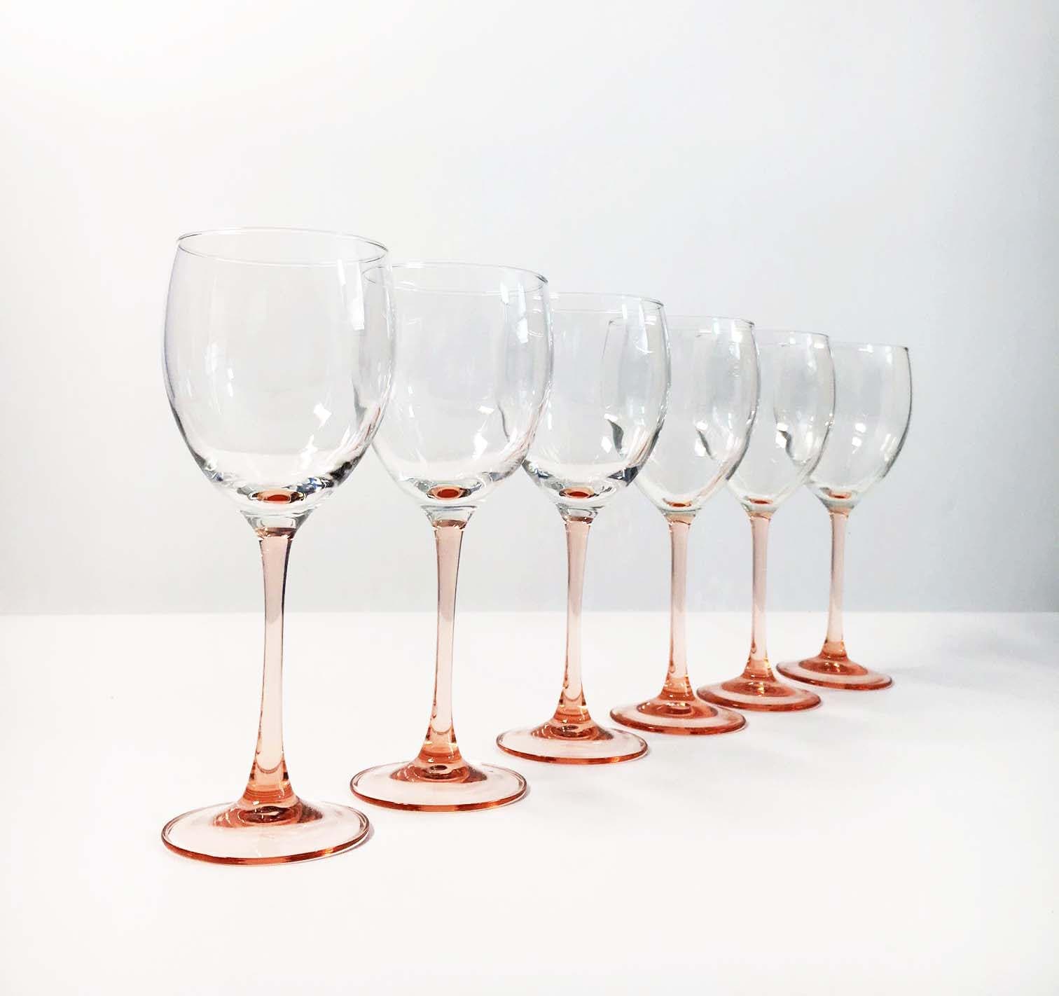 Vintage Set Of 6 Luminarc Wine Glasses W Pink Stems 6 Pink Blush Stemmed Glassware Clear