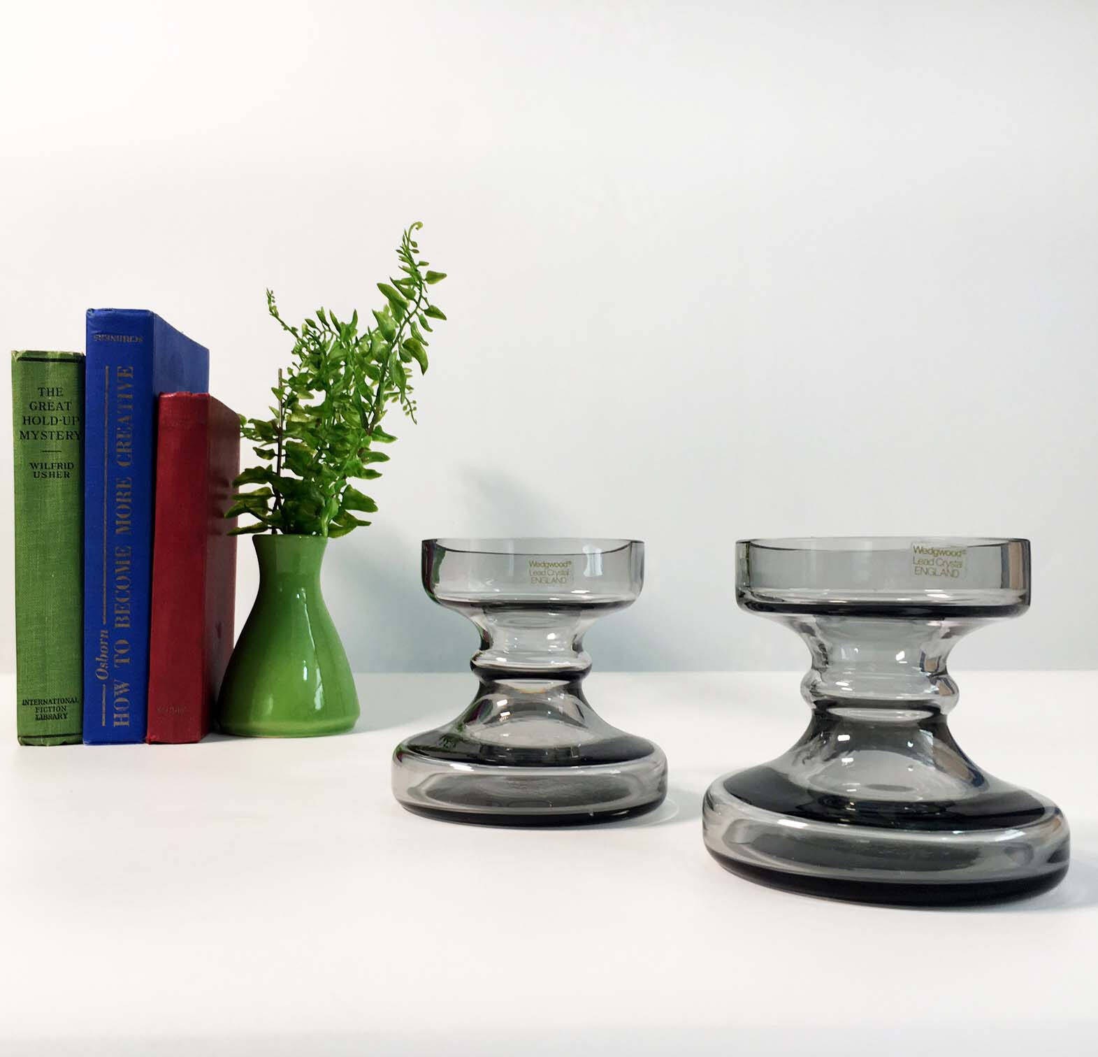 Vintage Pair of Wedgwood Glass Candleholders Midnight Grey Frank