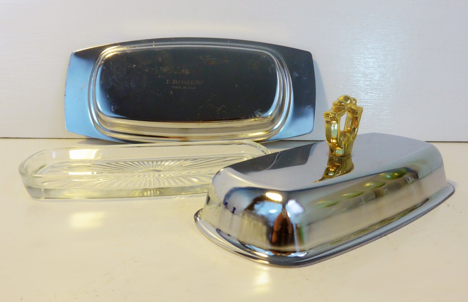Butter Dish Vintage Kromex Butter Dish Cover & Glass Insert 3 Pc