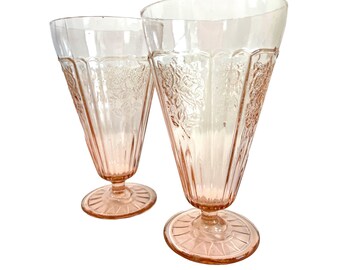 Vintage Set of 2 Mayfair Pink Iced Tea Goblets By Anchor Hocking - Two Tall Large Depression Era Glasses - Floral Embossed Retro Glassware