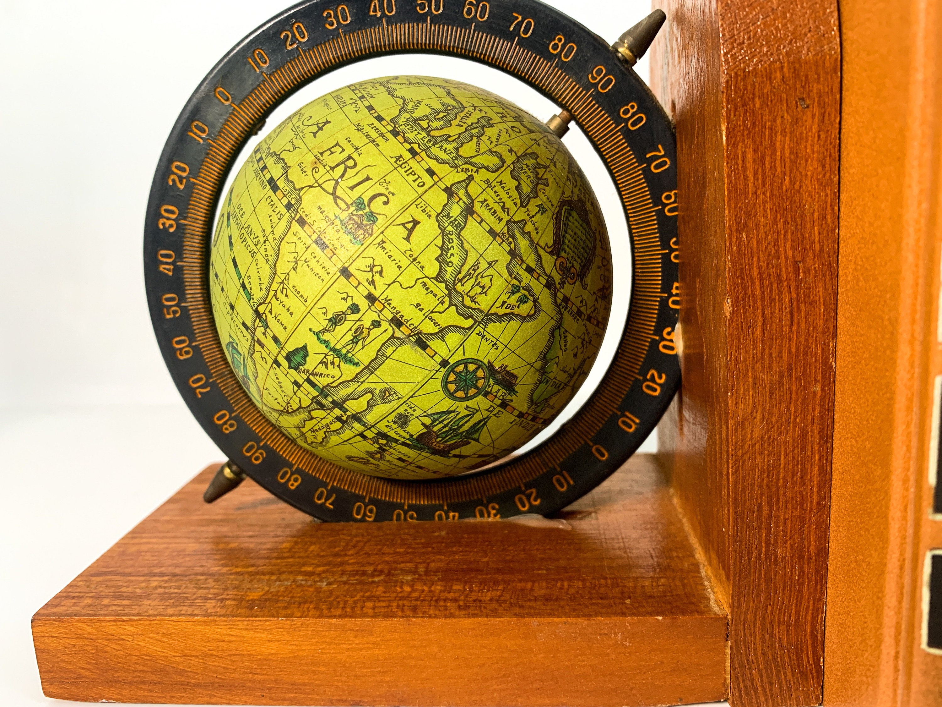 Vintage Wood Globe Bookends / Retro Library Home Decor Pair Matching