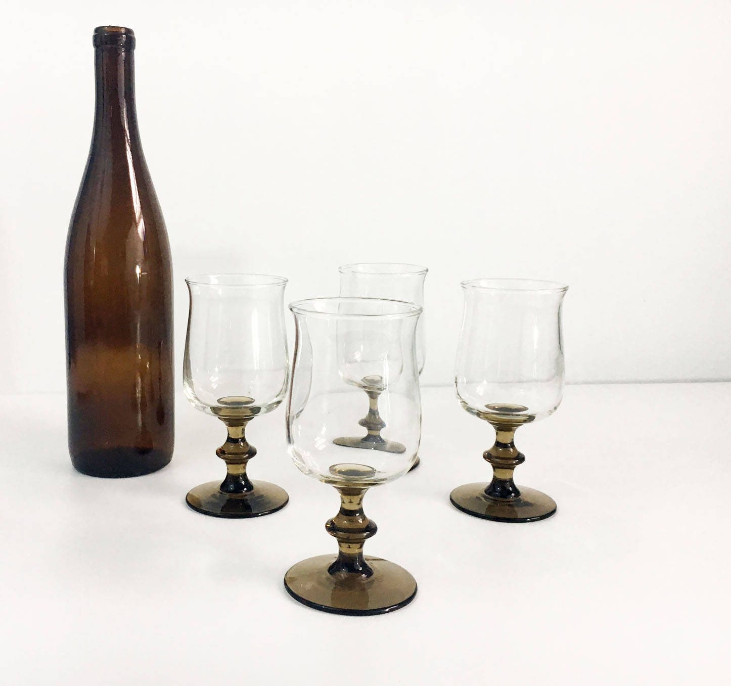 Set of 6 Libbey Rock Sharpe Tulip Brown Stem Wine Goblets Libbey Tawny Wafer Stem Wine Glasses